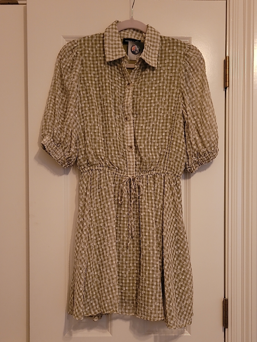 Casual Acaiv Olive Green Gingham Button-Front Dress